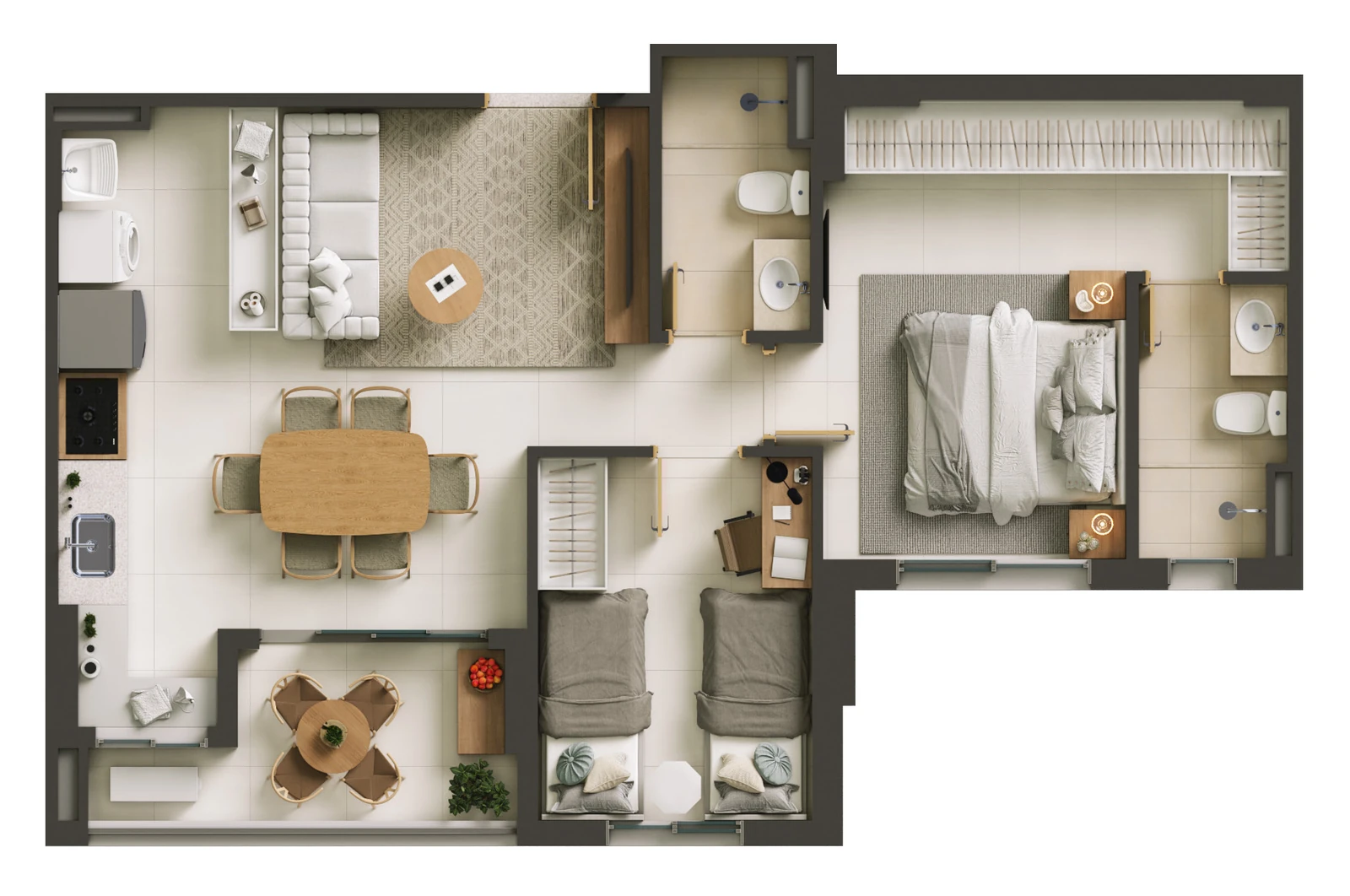 Planta baixa do apartamento de 2 quartos, 64 m²