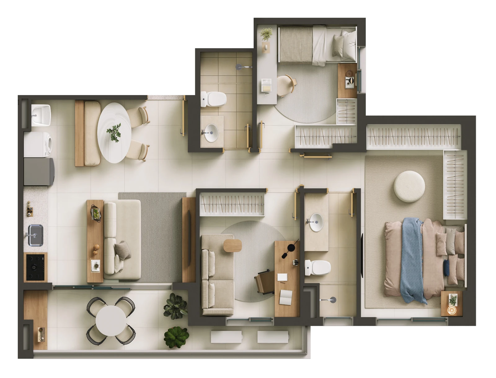 Planta baixa do apartamento de 3 quartos, 76 m²