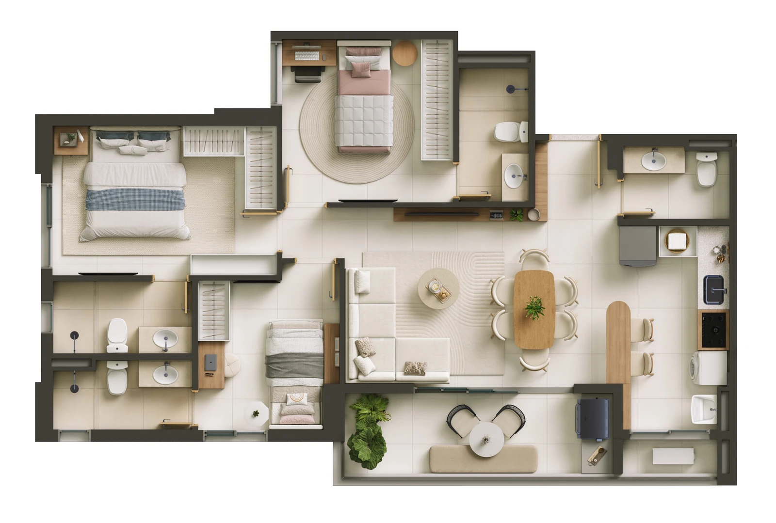 Planta baixa do apartamento de 3 suítes, 91 m²